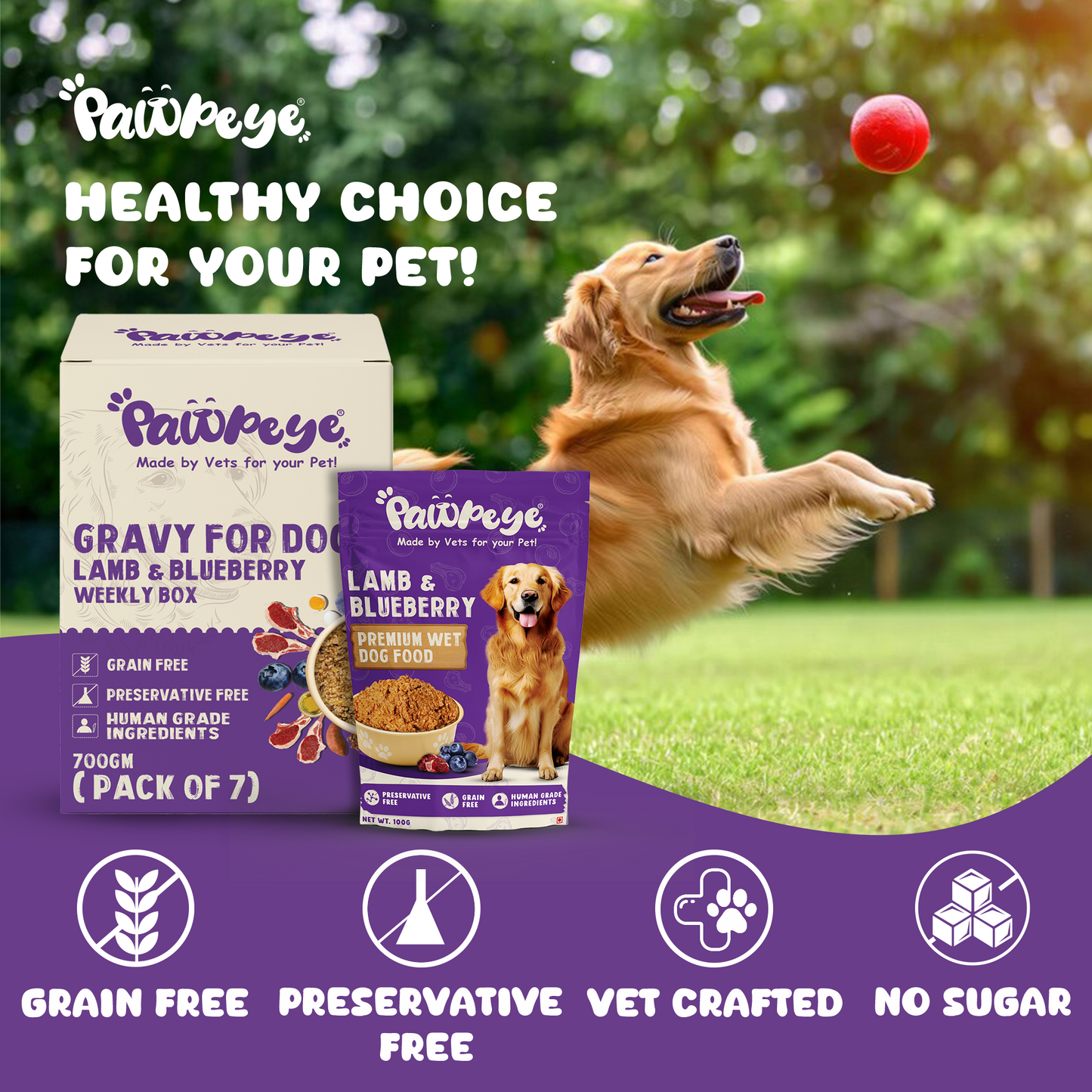 Pawpeye Wet Dog Food Weekly Box(Pack of 7)-Lamb & Blueberry Flavour | 100g each | for Adult Dogs & Puppies | Vet-Formulated, Human-Grade, Grain & Preservative-Free, 100% Natural