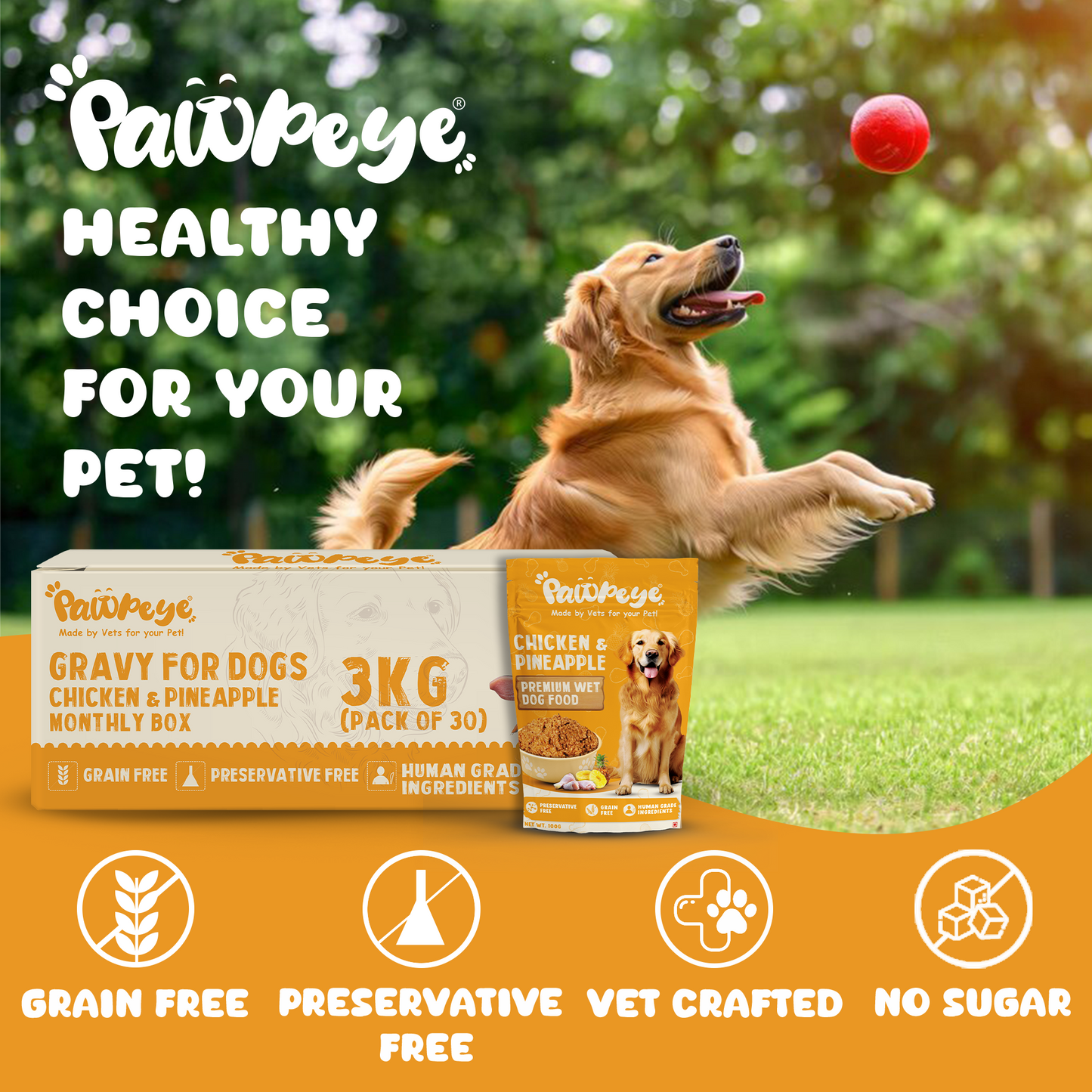 Pawpeye Wet Dog Food Monthly Box(Pack of 30)-Chicken & Pineapple Flavour | 100g each | for Adult Dogs & Puppies | Vet-Formulated, Human-Grade, Grain & Preservative-Free, 100% Natural