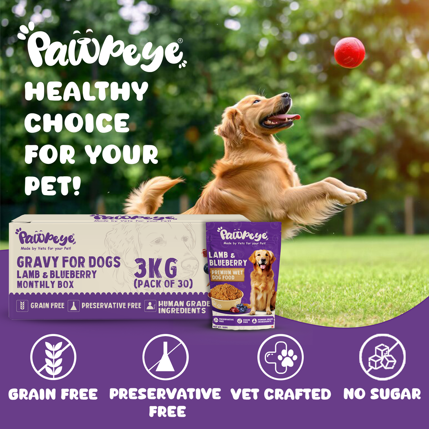 Pawpeye Wet Dog Food Monthly Box(Pack of 30)-Lamb & Blueberry Flavour | 100g each | for Adult Dogs & Puppies | Vet-Formulated, Human-Grade, Grain & Preservative-Free, 100% Natural