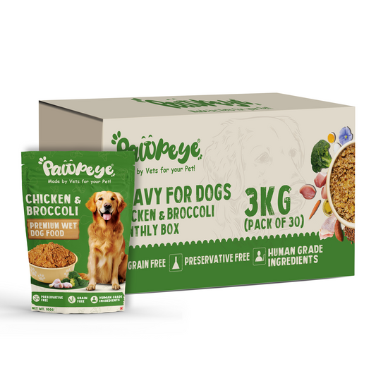 Pawpeye Wet Dog Food Monthly Box(Pack of 30)-Chicken & Broccoli Flavour | 100g each | for Adult Dogs & Puppies | Vet-Formulated, Human-Grade, Grain & Preservative-Free, 100% Natural