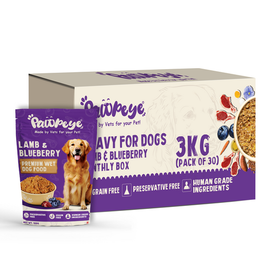 Pawpeye Wet Dog Food Monthly Box(Pack of 30)-Lamb & Blueberry Flavour | 100g each | for Adult Dogs & Puppies | Vet-Formulated, Human-Grade, Grain & Preservative-Free, 100% Natural