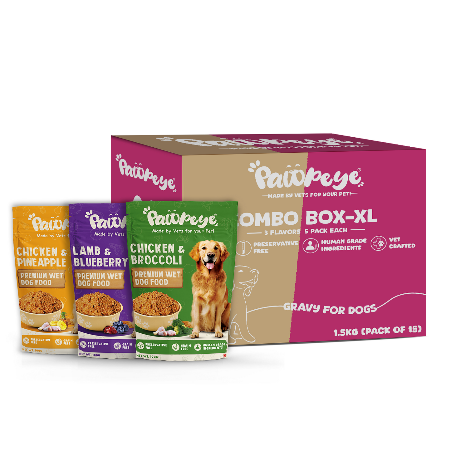 Pawpeye Wet Dog Food Combo Boxes (3 Flavours–Chicken, Lamb, Pineapple) | 100g Each | Premium Gravy Meal for Adult Dogs | Vet Formulated, Human-Grade, Grain-Free, Preservative-Free