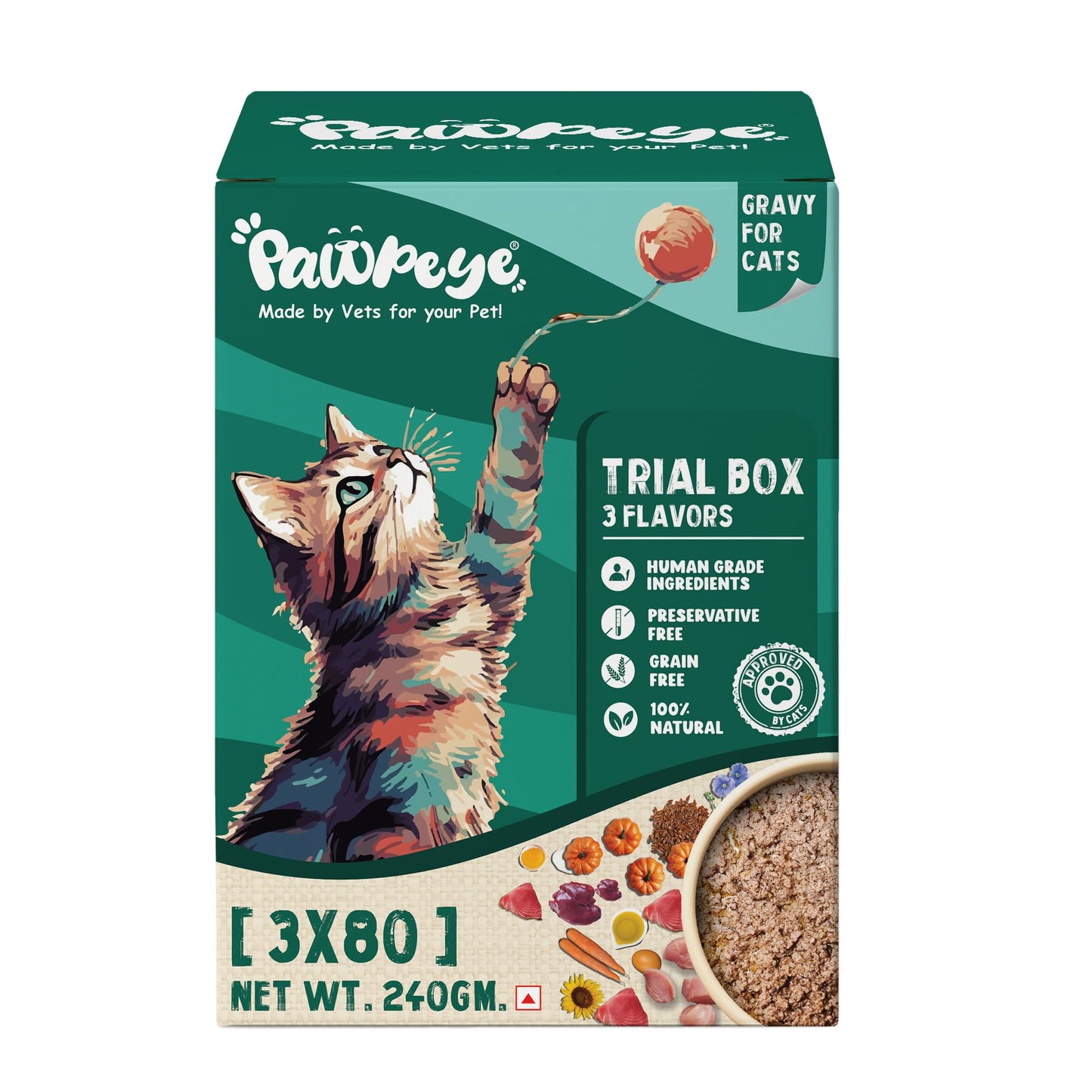 Trial Box Cat Wet Food Adult & Kitten - 3 Flavors -Pack of 3 (240g, 80g Each)- Grain Free, No Preservatives, No fillers | Pawpeye, Tasty Yet Healthy Wet Cat Food, Made by Vets Even for Fussy Eaters