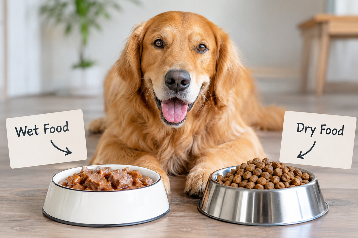 “Dog eating food with bowls of wet food for dogs and dry food for dogs”