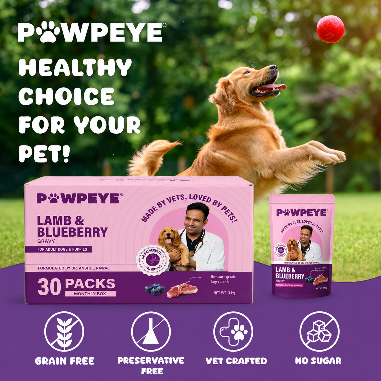 Lamb(Mutton) & Blueberry Flavour | Wet Dog Food Monthly Box |30 Packs x 100g, 3Kgs | for Adult Dogs & Puppies | Vet-Formulated, Human-Grade, Grain & Preservative-Free, 100% Natural