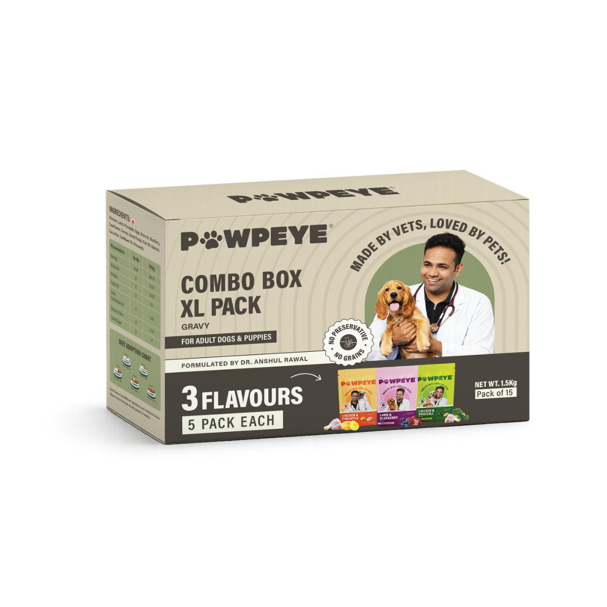 Wet Dog Food Combo Box-XL | 15 Pouches (5 x 3 Flavours – Chicken, Lamb, Pineapple) | 100g Each | Premium Gravy Meal for Adult Dogs | Vet Formulated, Human-Grade, Grain-Free, Preservative-Free
